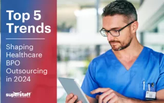 A healthcare professional looks at records. The image caption says: Top 5 Trends Shaping Healthcare BPO Outsourcing in 2024.