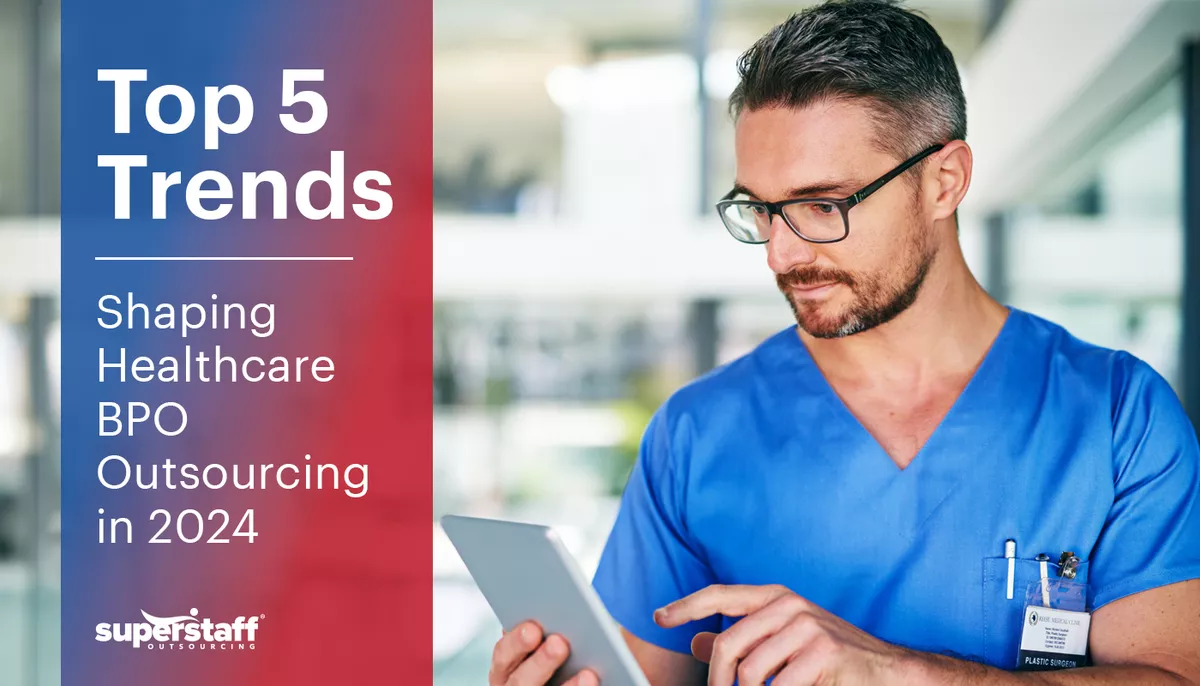A healthcare professional looks at records. The image caption says: Top 5 Trends Shaping Healthcare BPO Outsourcing in 2024.