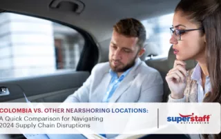 Two executives talks inside a car. Image caption reads: Colombia Vs. Other Nearshoring Locations: A Quick Comparison for Navigating 2024 Supply Chain Disruptions