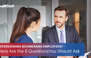 An HR executive interviews an applicant. Image captions says: Interviewing Boomerang Employees? Here Are the 8 Questions You Should Ask