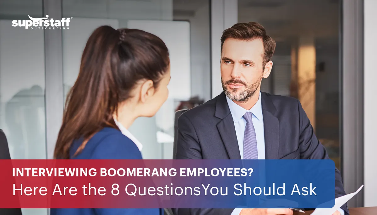 An HR executive interviews an applicant. Image captions says: Interviewing Boomerang Employees? Here Are the 8 Questions You Should Ask