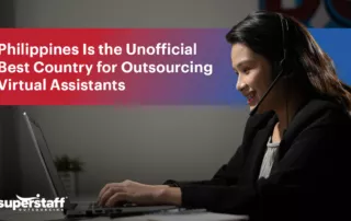 A Filipino virtual assistant is shown hard at work. The image also shows the title of the blog, "Harness the Philippines’ Potential: The Unofficial Best Country for Outsourcing Virtual Assistants in 2024."