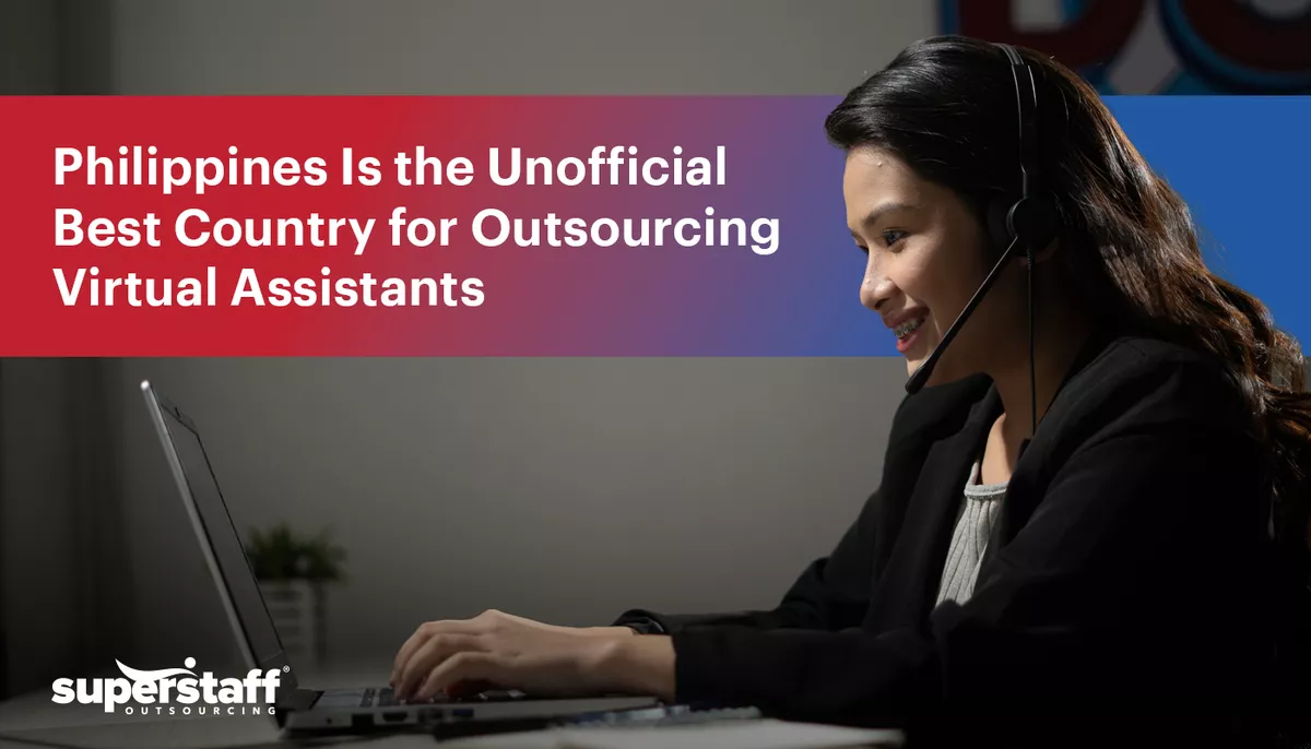 A Filipino virtual assistant is shown hard at work. The image also shows the title of the blog, "Harness the Philippines’ Potential: The Unofficial Best Country for Outsourcing Virtual Assistants in 2024."