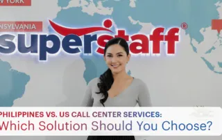 An image shows a happy call center agent. The title features "Philippines vs. U.S. Call Center Services"