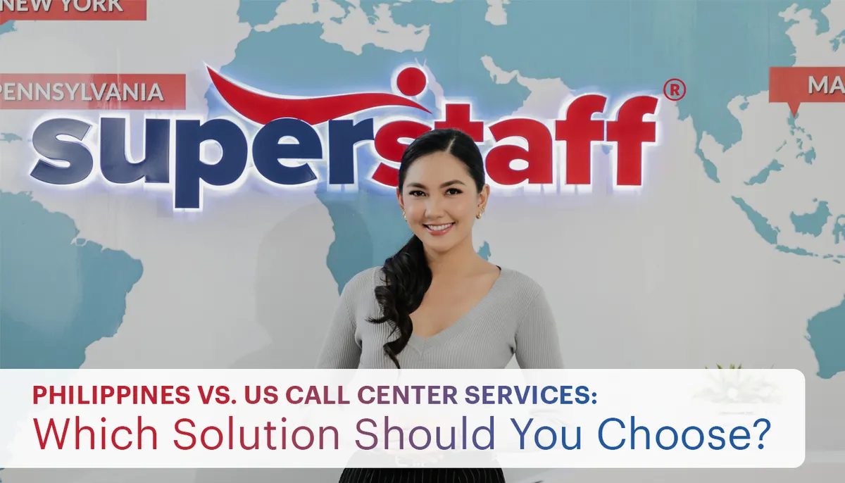 An image shows a happy call center agent. The title features "Philippines vs. U.S. Call Center Services"
