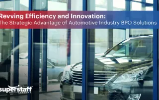 A photo shows a car dealership. Image caption says: Revving Efficiency and Innovation: The Strategic Advantage of Automotive Industry BPO Solutions.