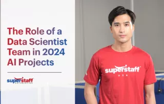The image shows a SuperStaff data scientist. It also shows the title of the blog, "Unraveling the Critical Role of a Data Scientist in Your 2024 AI Development Projects."