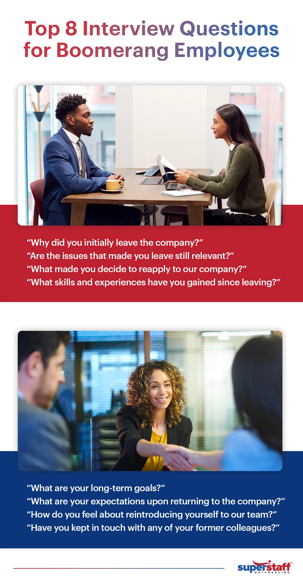 HR Professionals are interviewing job applicants. Image caption says: Interviewing Boomerang Employees? Here Are the 8 Questions You Should Ask