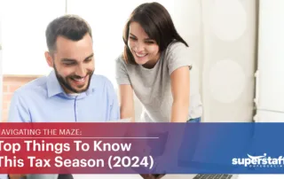 Two accountants work in their laptop. Image caption says: Top Things To Know This Tax Season 2024.