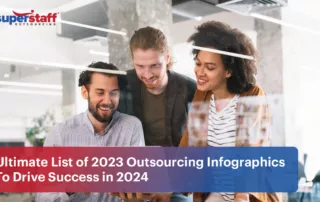Three professionals are in a meeting. Image caption reads: Ultimate List of 2023 Outsourcing Infographics
