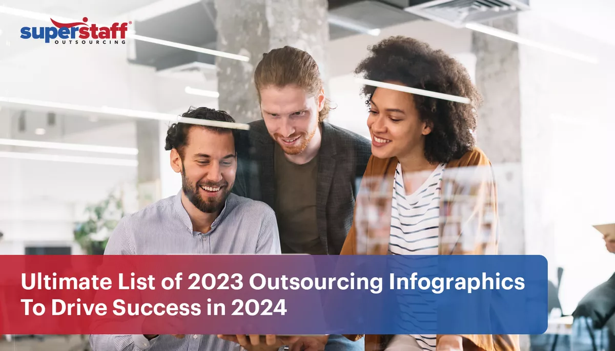 Three professionals are in a meeting. Image caption reads: Ultimate List of 2023 Outsourcing Infographics