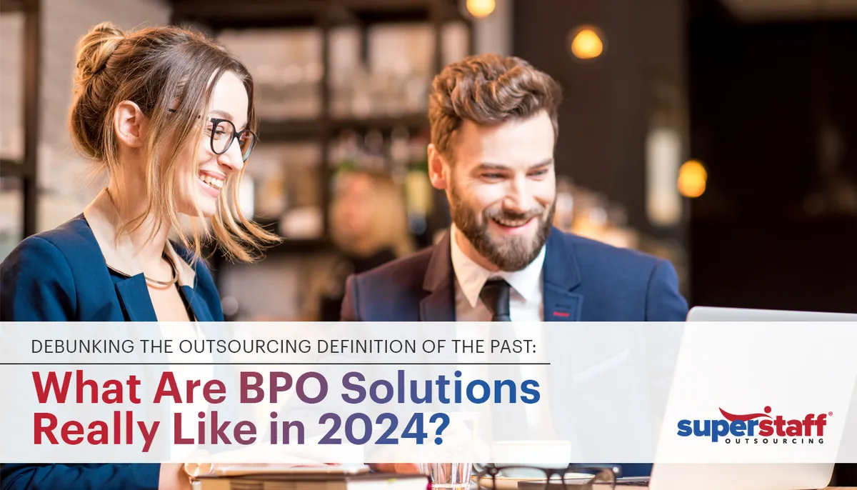 Two professionals are smiling. Image caption says: What are BPO Solutions Really Like in 2024?