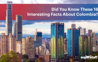 The image shows tall, modern buildings. Image caption reads: Did You Know These 16 Fascinating Facts About Colombia?