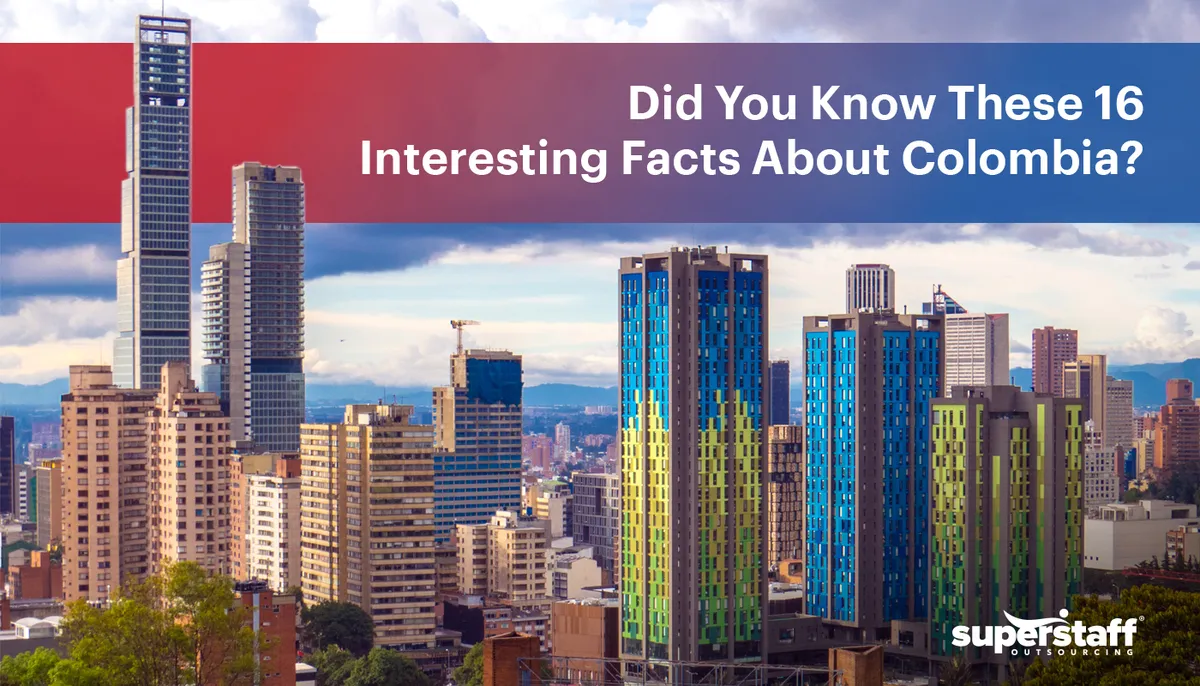 The image shows tall, modern buildings. Image caption reads: Did You Know These 16 Fascinating Facts About Colombia?