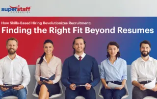 Five applicants wait to be interviewed. Image caption says: 4 Ways Skills-Based Hiring Revolutionizes Recruitment.