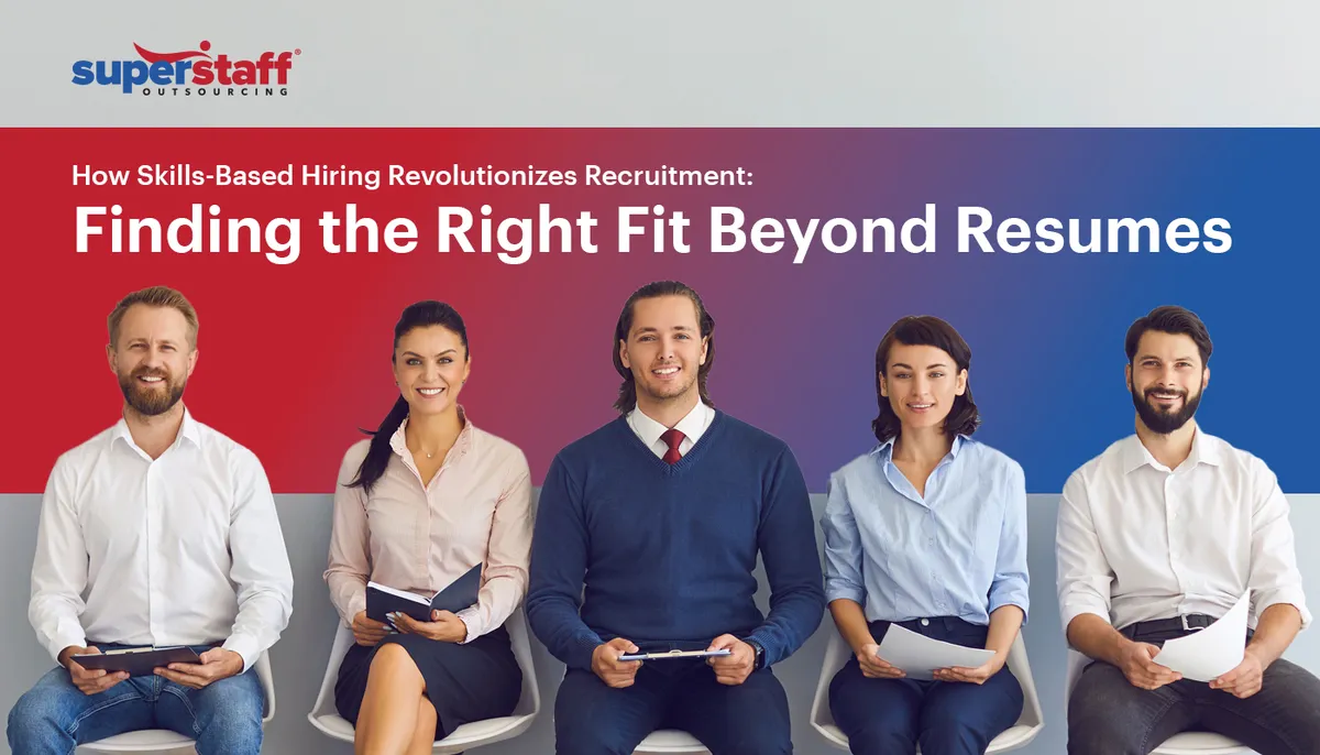 Five applicants wait to be interviewed. Image caption says: 4 Ways Skills-Based Hiring Revolutionizes Recruitment.