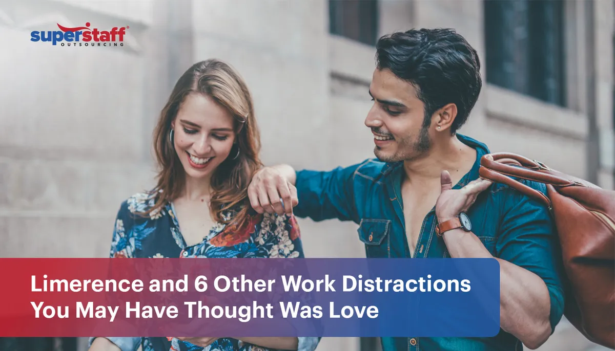 A man and woman walk side by side. Image caption says: Limerence and 6 Other Work Distractions You Thought Was Love