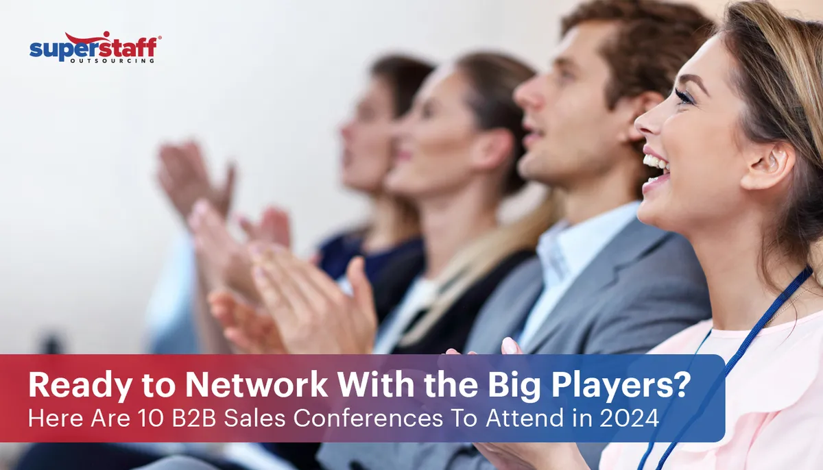 Executives in the audience are clapping. Image caption reads: Here Are 10 B2B Sales Conferences Worth Attending in 2024