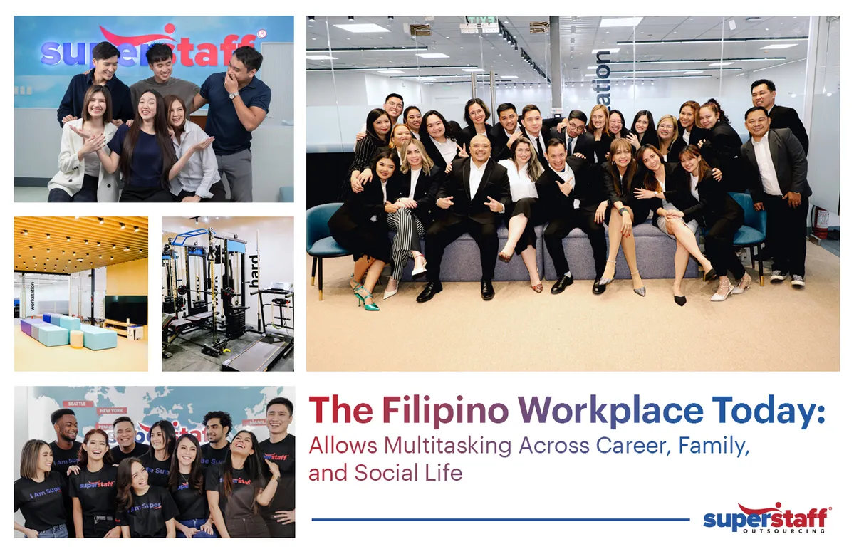 A collage of photo shows happy employees and modern office, reflecting the vibrant dynamics in call center Philippines today.