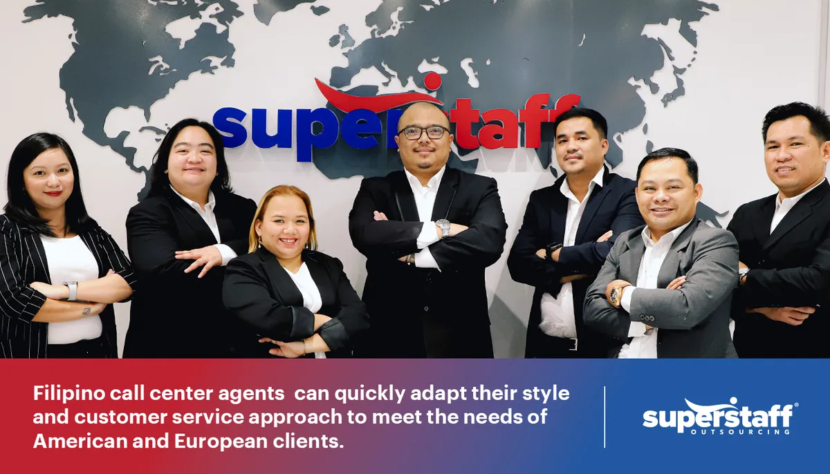 SuperStaff call center agents smile proudly at the office lobby.