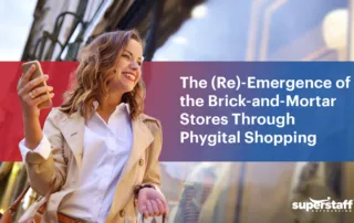 A woman is shopping at the mall. Image caption reads: The (Re)-Emergence of the Brick-and-Mortar Stores Through Phygital Shopping