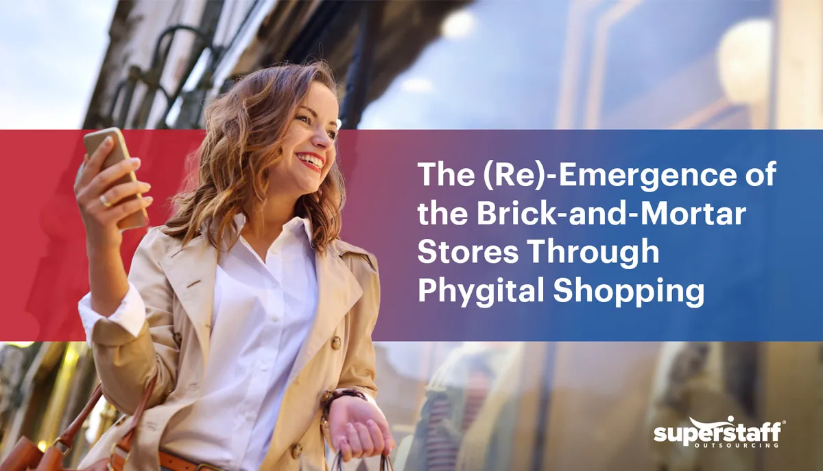 A woman is shopping at the mall. Image caption reads: The (Re)-Emergence of the Brick-and-Mortar Stores Through Phygital Shopping
