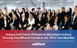SuperStaff executives laugh while taking a group photo, refelcting how humor is a unique part of call center Philippines workplace culture.