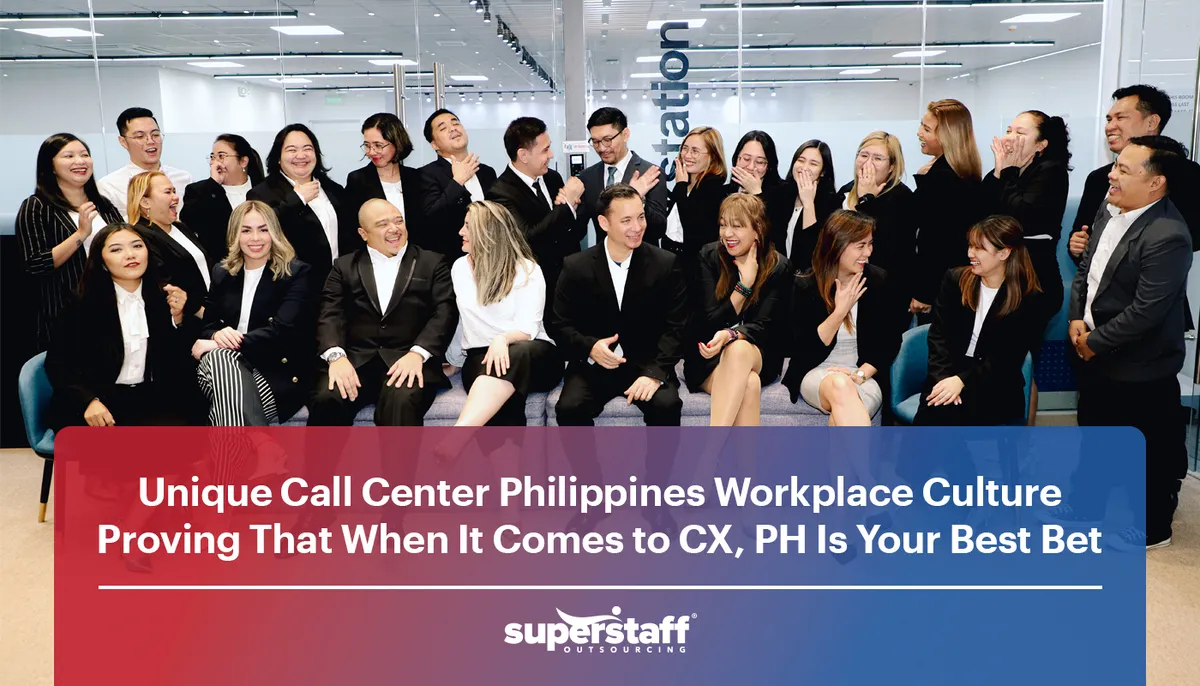 SuperStaff executives laugh while taking a group photo, refelcting how humor is a unique part of call center Philippines workplace culture.