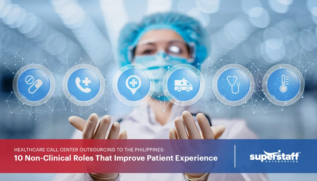 A doctor chooses from different digital medical icons. Image caption says: Specialty Healthcare Call Center Outsourcing to the Philippines: 10 Non-Clinical Roles That Help Improve Patient Experience
