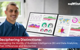 The image shows a data expert posing in front of his computer. It also shows the title of the blog, "Deciphering Distinctions: Navigating the Worlds of Business Intelligence (BI) and Data Analytics, Their Differences and Similarities."