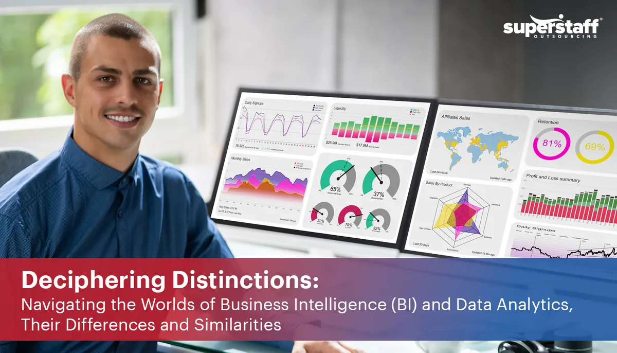 The image shows a data expert posing in front of his computer. It also shows the title of the blog, "Deciphering Distinctions: Navigating the Worlds of Business Intelligence (BI) and Data Analytics, Their Differences and Similarities."