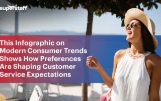 A traveler basked in the sun. Image captions says This Infographic on Modern Consumer Trends Shows How Preferences Are Shaping Customer Service Expectations.