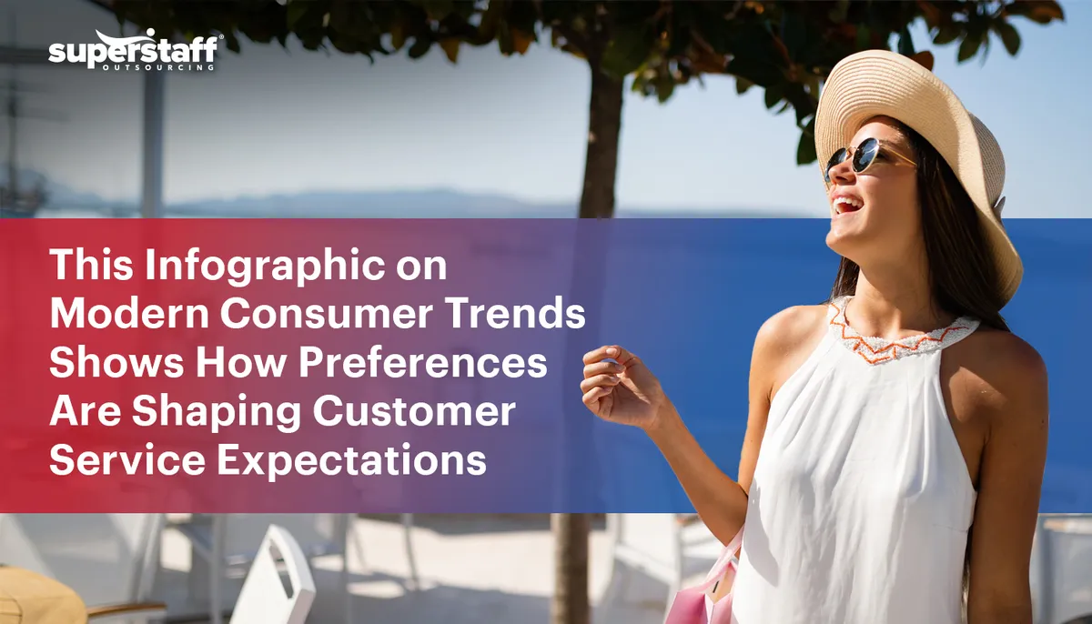 A traveler basked in the sun. Image captions says This Infographic on Modern Consumer Trends Shows How Preferences Are Shaping Customer Service Expectations.