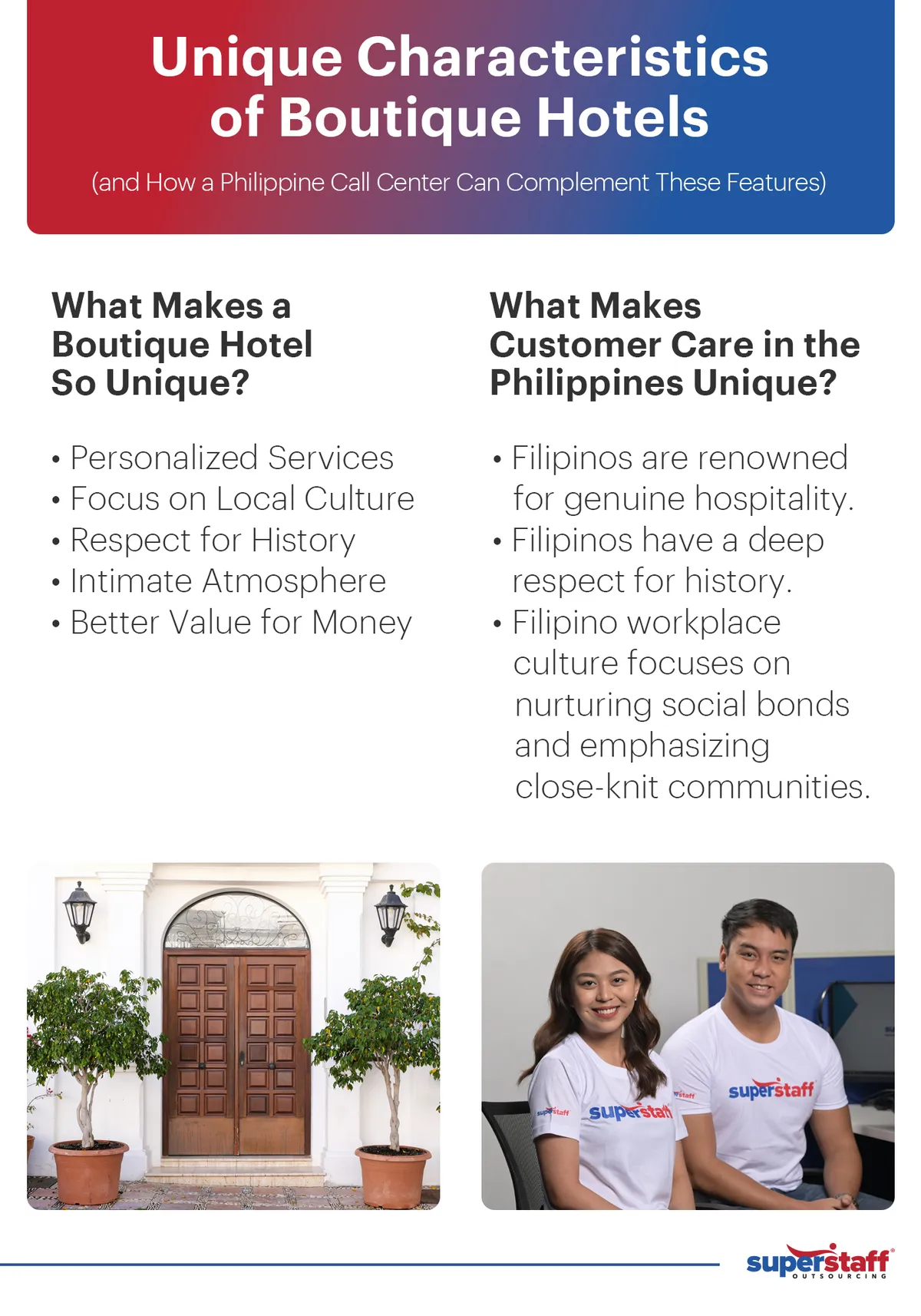 A mini infographic shows how Filipino traits compliment the unique qualities of boutique hotels. 