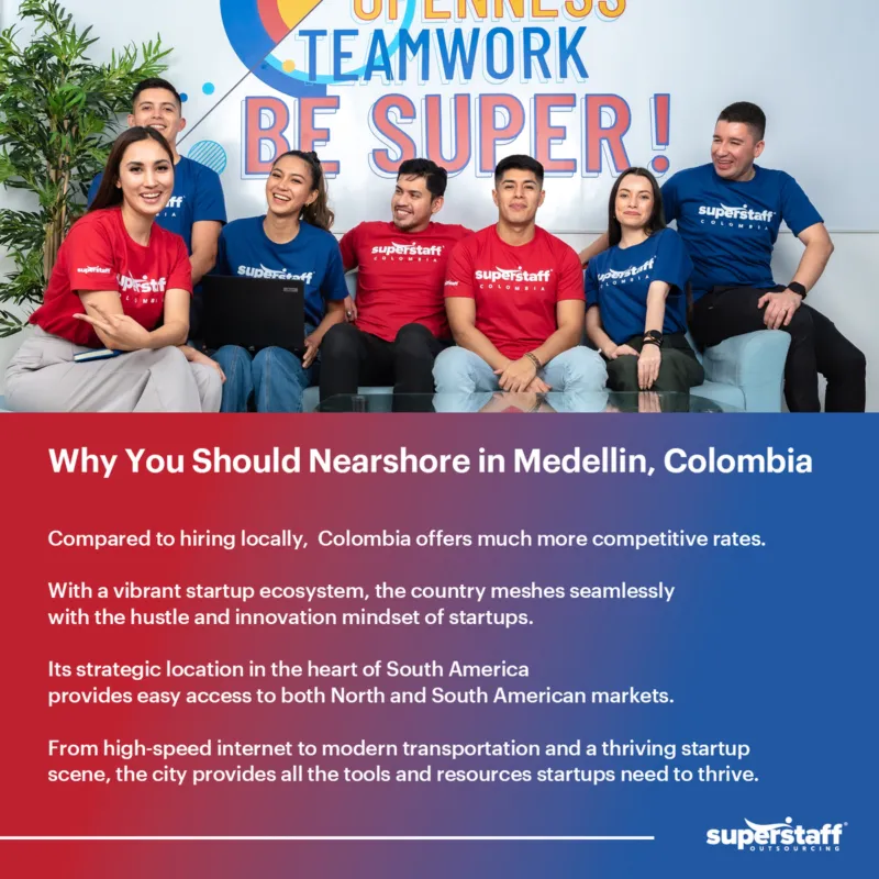 SuperStaff's employees from Colombia are having fun with each other. Image caption says: Why You Should Nearshore in Medellin, Colombia. 