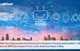 Icons for artificial intelligence float over a skyline. Image caption says: With the Unprecedented Demand for Robotic Process Automation + AI, Recruit RPA Developers from Latin America! Here’s Why