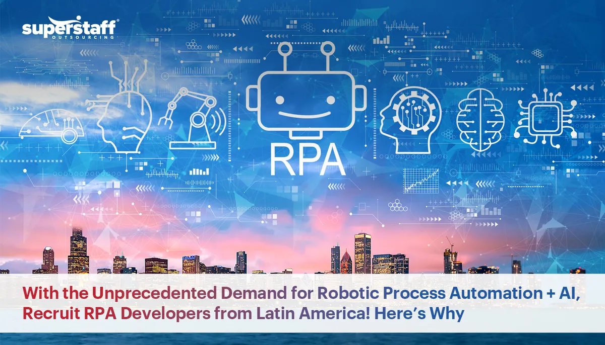 Icons for artificial intelligence float over a skyline. Image caption says: With the Unprecedented Demand for Robotic Process Automation + AI, Recruit RPA Developers from Latin America! Here’s Why