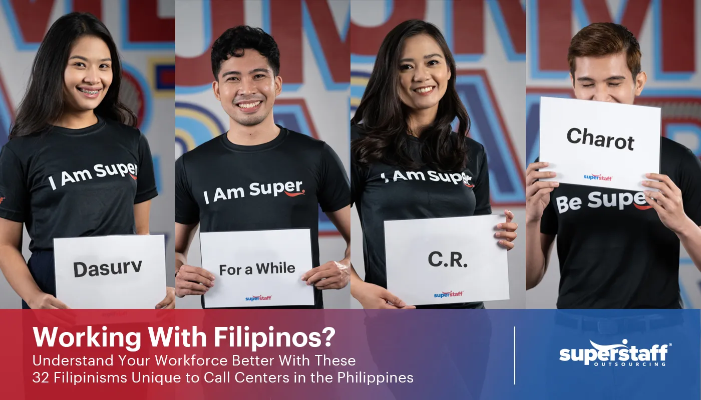 Four call center agents hold signs. Each sign reads Dasurv, For a While, C.R., Charot which are common slang used by Filipinos.