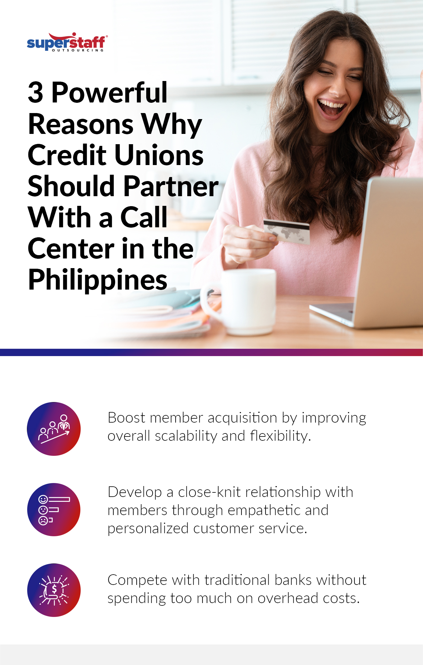 A mini infographic shows the reasons why a credit union benefits from outsourcing to a call center in the philippines