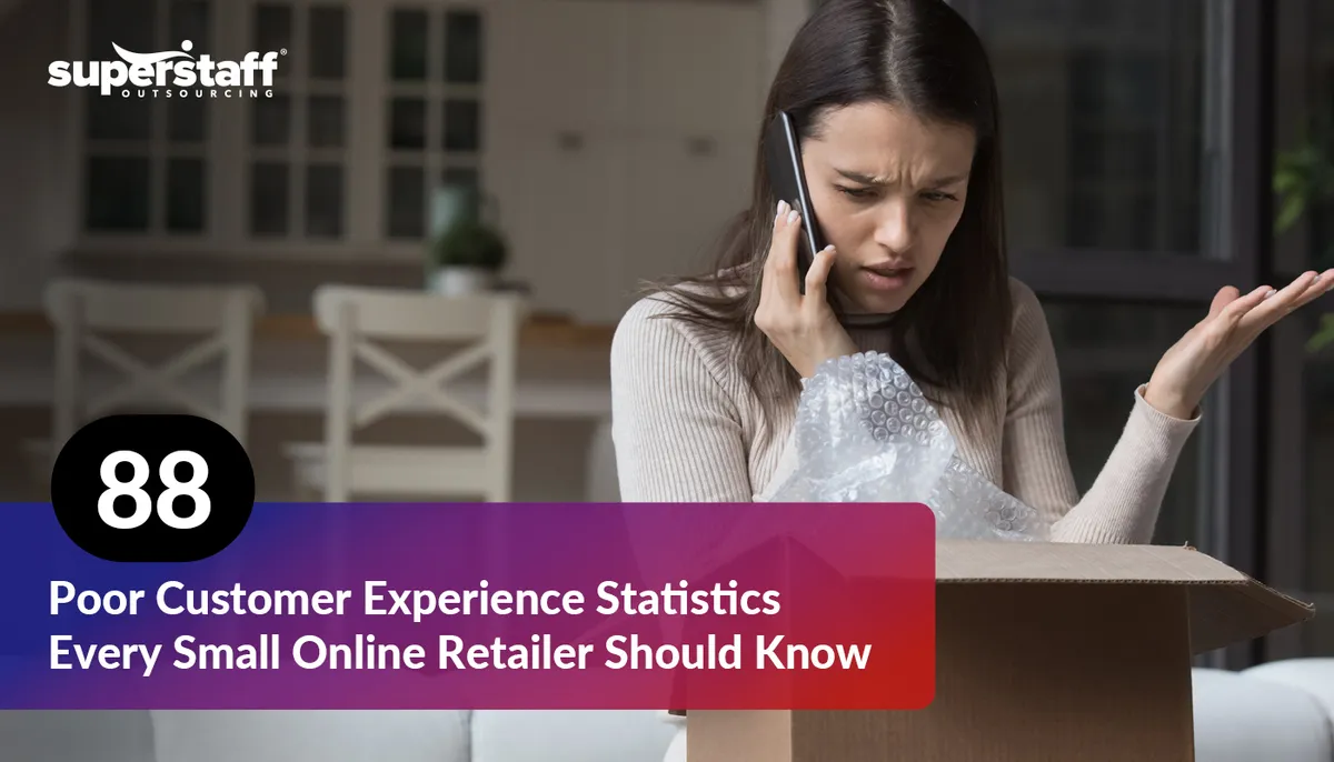 An image showing an irate customer on the phone., with the title of the blog, "88 Poor Customer Experience Statistics That Every Small Online Retailer Should Know."