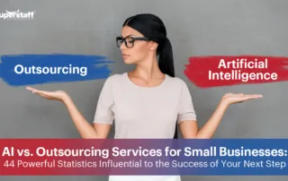 A woman spreads her arms. On her left is the word outsourcing and on her right is the word artificial intelligence. Image caption says: AI vs. Outsourcing Services for Small Businesses: 44 Powerful Statistics for Informed Decision-Making.