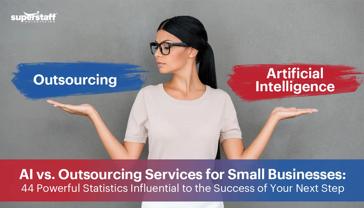 A woman spreads her arms. On her left is the word outsourcing and on her right is the word artificial intelligence. Image caption says: AI vs. Outsourcing Services for Small Businesses: 44 Powerful Statistics for Informed Decision-Making.