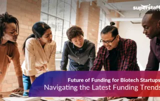 Four biotech startups founders attend a meeting. Image caption reads: Future of Funding for Biotech Startups: Navigating the Latest Funding Trends.