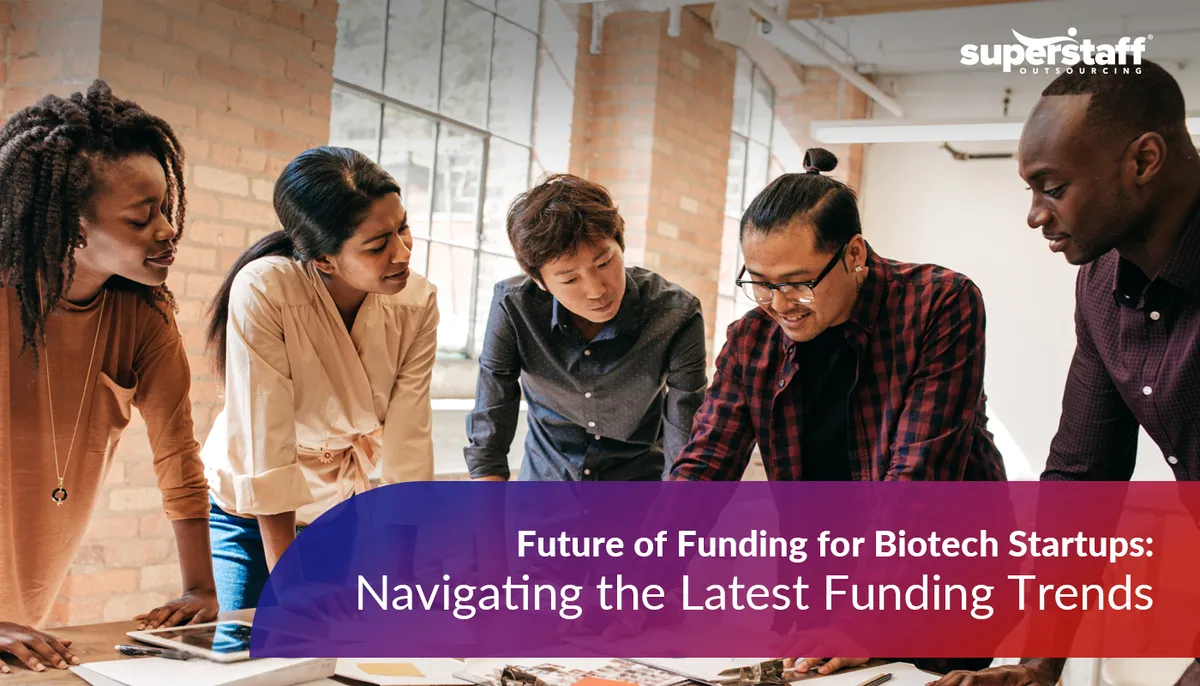 Four biotech startups founders attend a meeting. Image caption reads: Future of Funding for Biotech Startups: Navigating the Latest Funding Trends.