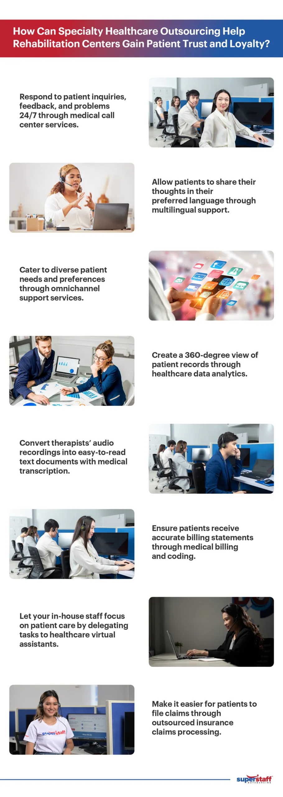 An infographic that tackles how specialty healthcare outsourcing can help rehabilitation centers gain patient trust and loyalty.