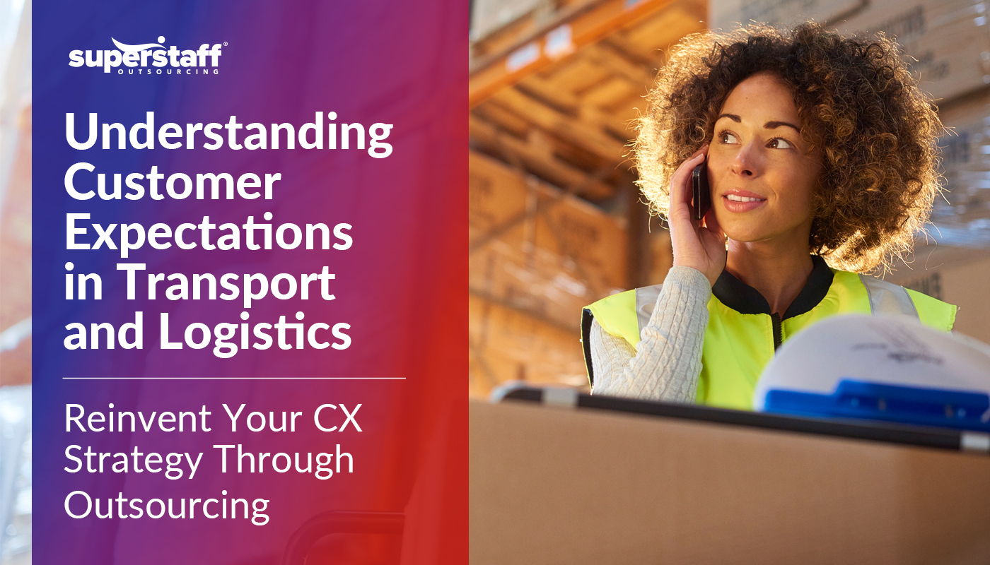 Woman answers call in warehouse. The title says "Understanding Customer Expectations in Transport and Logistics"