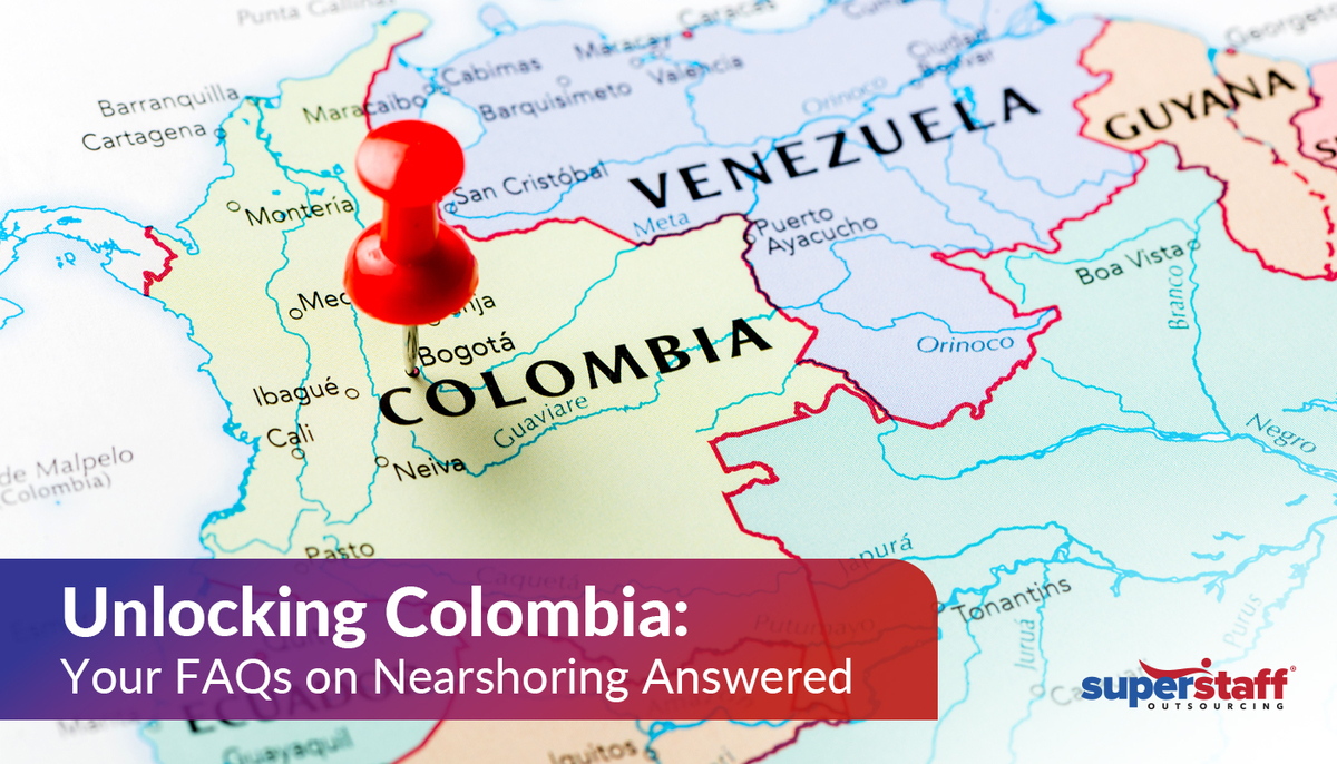 A red pin on Colombian map. Image caption reads: Unlocking Colombia: Your FAQs on Nearshoring Answered