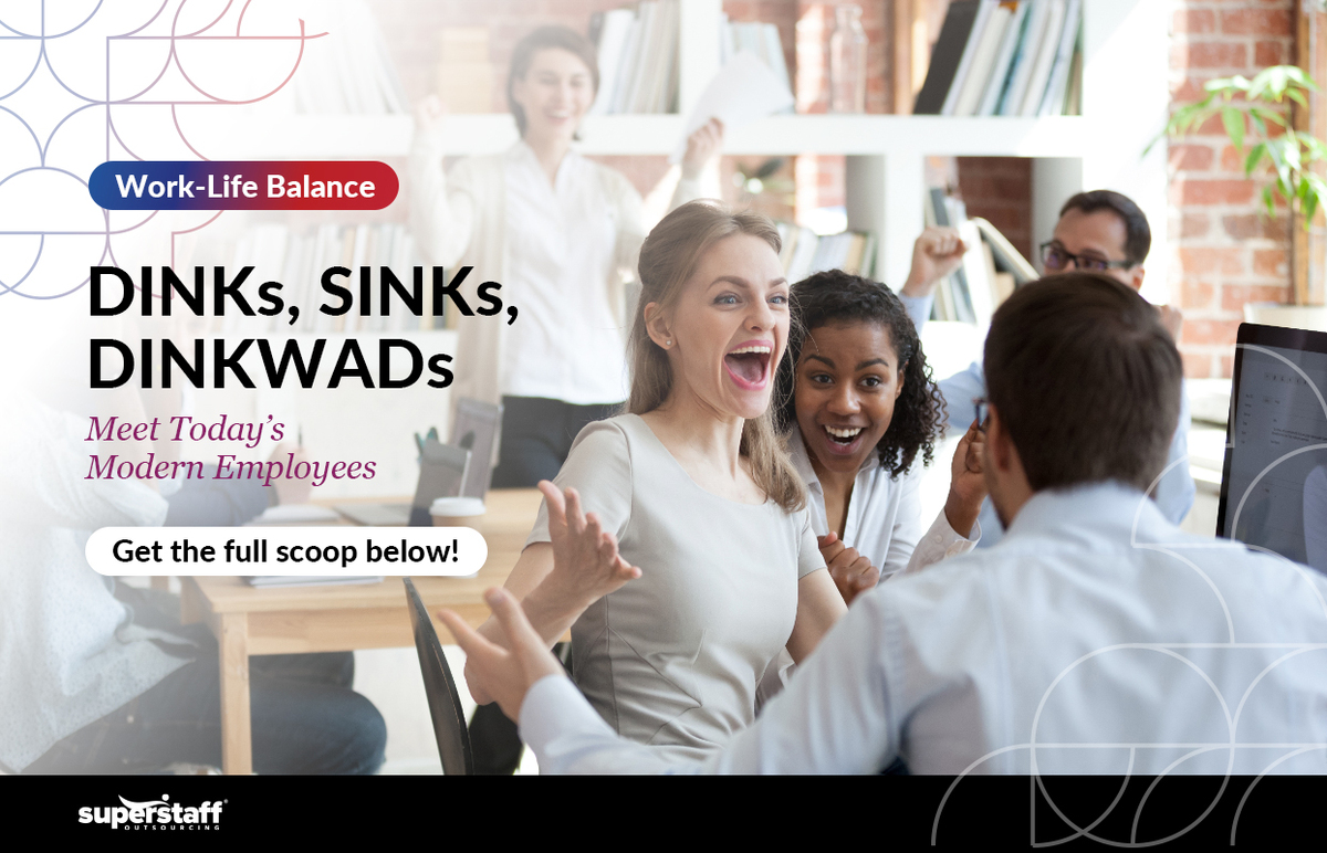 Employees are happily speaking with each other at the office. Image caption reads: DINKs, SINKs, DINKWADs: Meet Today’s Modern Employees