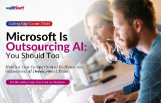Two AI experts work on their desktop. Image caption reads: Cost Comparison of In-house vs Outsourced AI Development team.