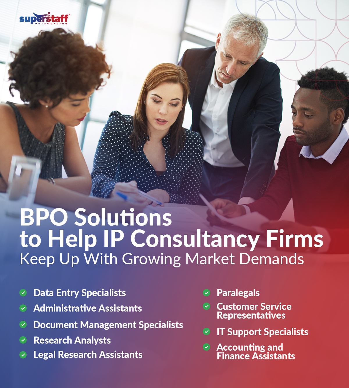 IP experts are in a meeting. Image caption reads: BPO Solutions for IP Firms